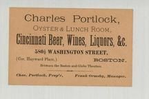 Charles Portlock - Oyster & Lunch Room, Cincinnati Beer, Wines, Liquors, Perkins Collection 1850 to 1900 Advertising Cards